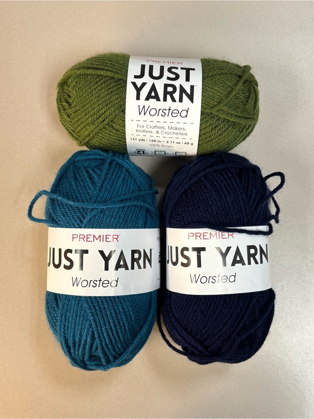 Premier Just Yarn Worsted 3 Skein Lot 100% Acrylic Medium 4 Green Navy Blue